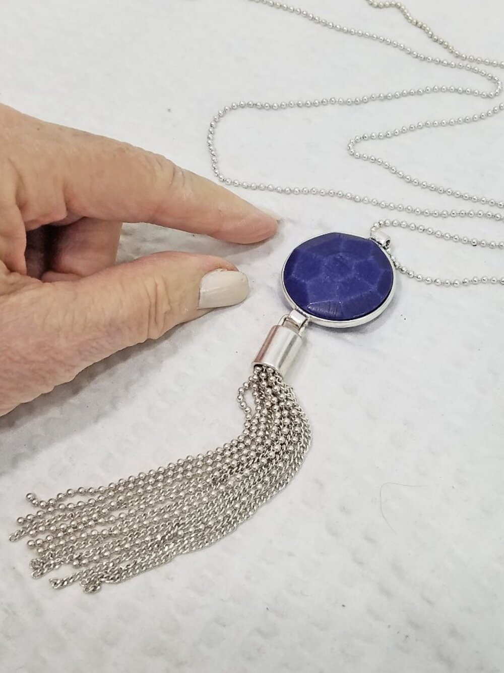 Vintage Signed Kenneth Cole Faceted Sodalite Silver Tone Fringe Pendant Necklace